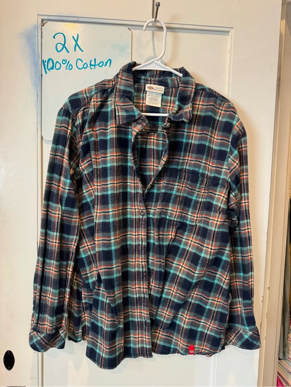 100% Cotton Dickies Plaid Button-Down Shirt in Teal, Navy & Rust Accent